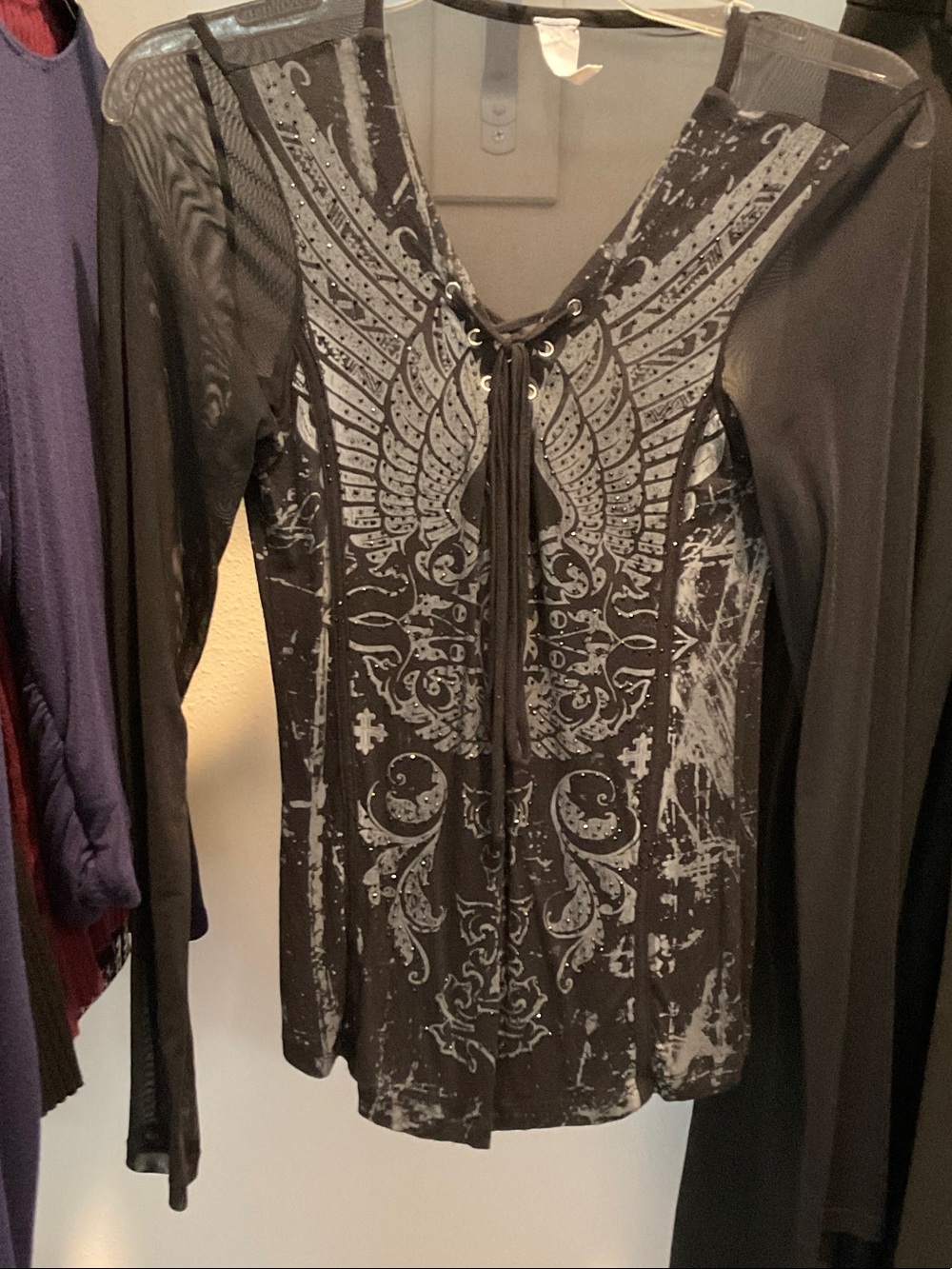 Affliction Black Lace-Up Wing Graphic Long Sleeve Tunic